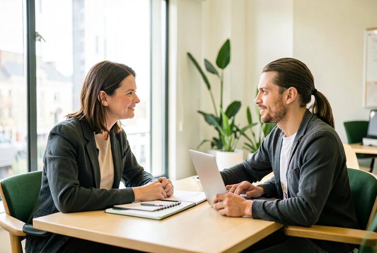 A candidate in a one-to-one coaching conversation with a consultant