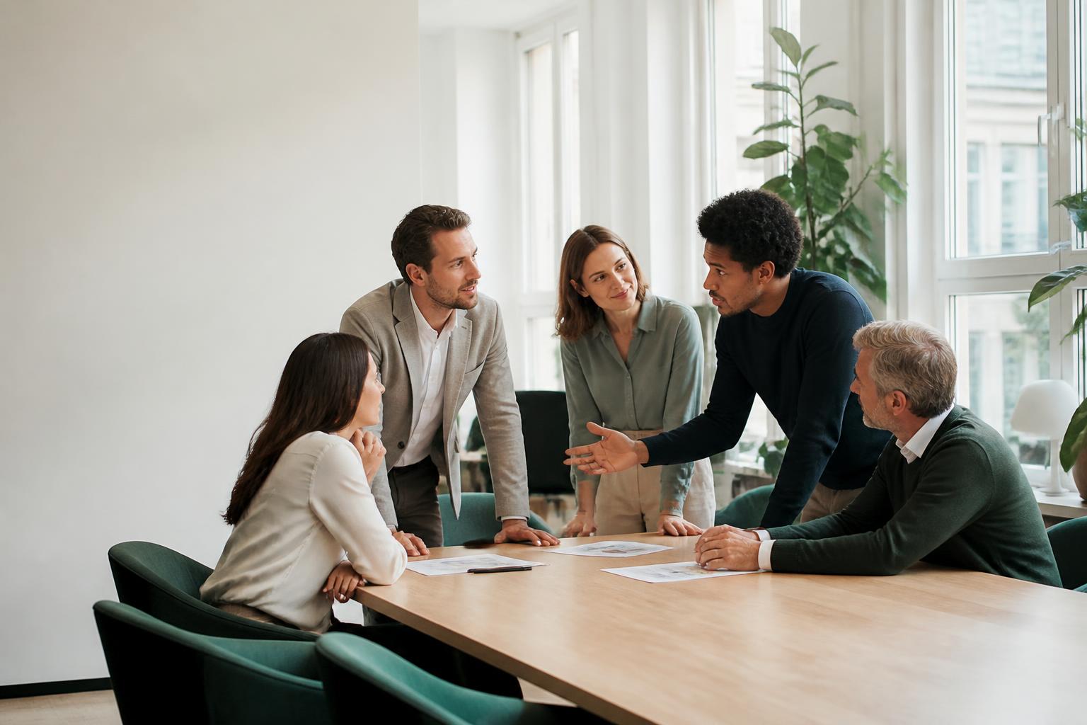 A team discussing a hiring plan together in a bright office