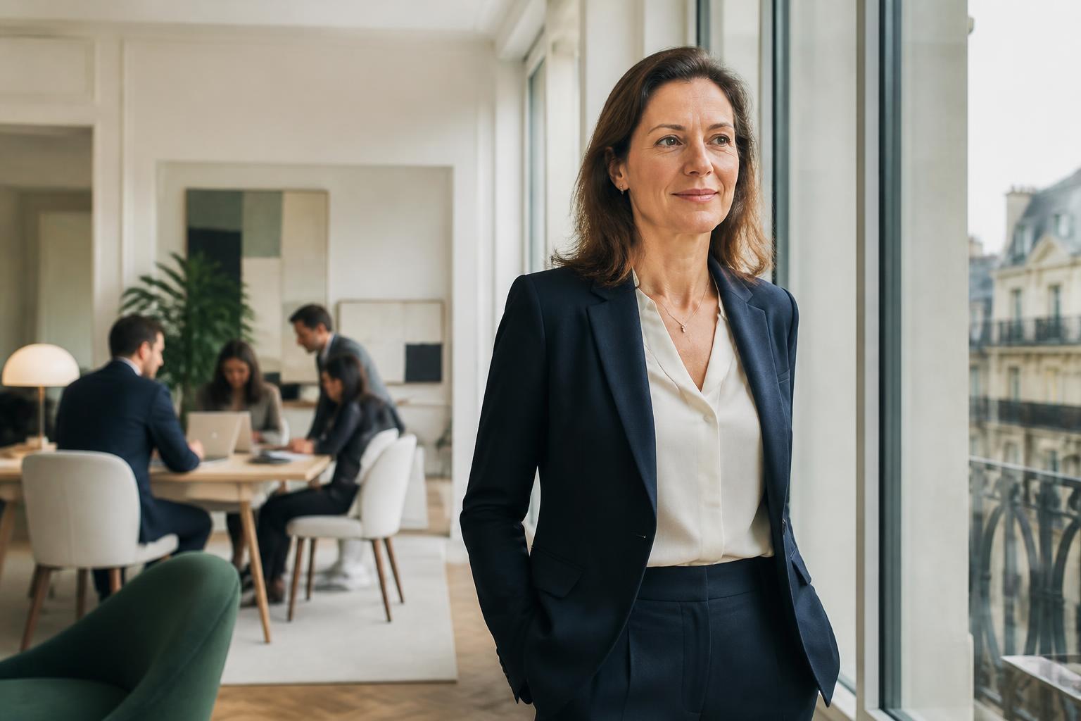 A consultant standing by a tall office window while colleagues meet around a table